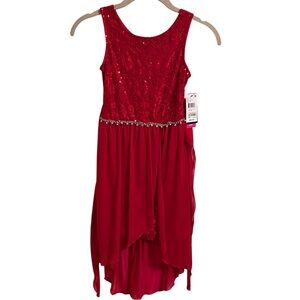 NEW BCX Red Sequin Kids Formal Rhinestone Glitter Hi Low Sheer Over Skirt Dress